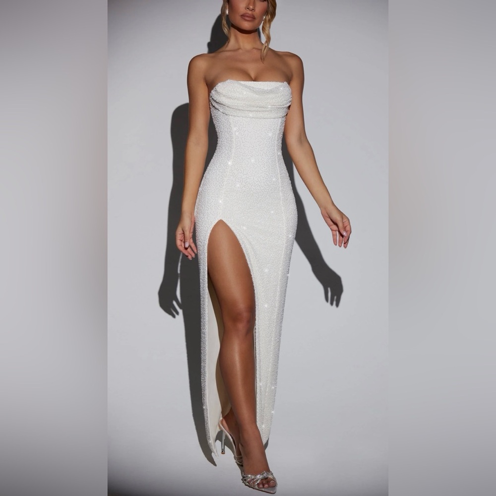 Oh Polly Embellished Bandeau Cowl Neck Maxi Dress in Ivory